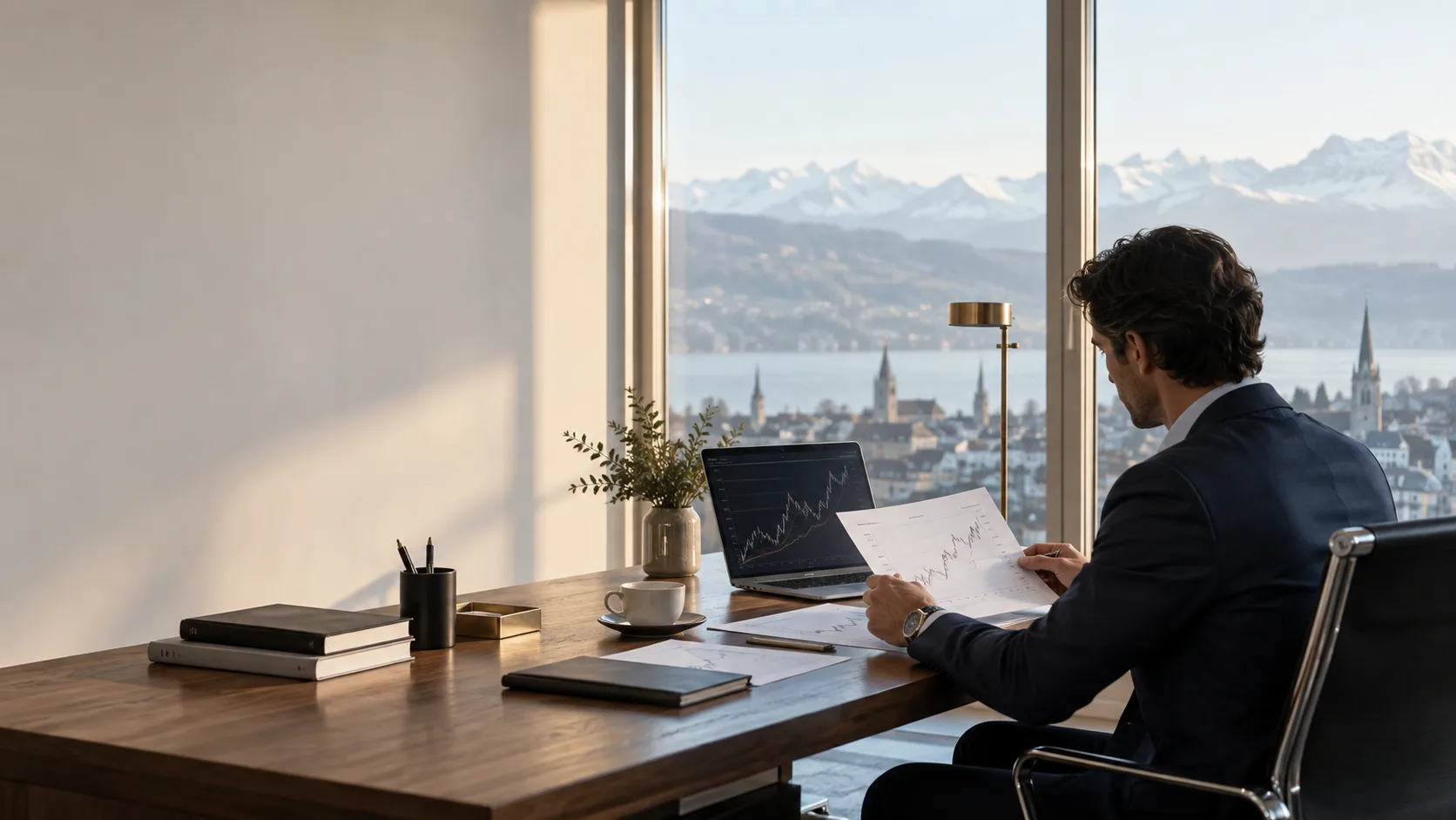 Analyst reviewing market research at a Swiss desk